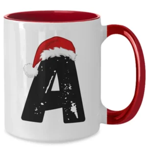 Monogram Letter “A” Christmas Coffee Mug with Christmas Hat On by Coni Blau