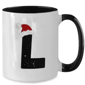 Monogram Letter “L” Christmas Coffee Mug with Christmas Hat On by Coni Blau
