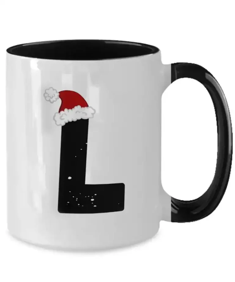 Monogram Letter “L” Christmas Coffee Mug with Christmas Hat On by Coni Blau