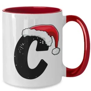 Monogram Letter “C” Christmas Coffee Mug with Christmas Hat On by Coni Blau