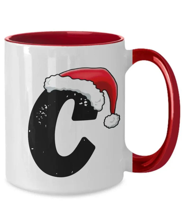 Monogram Letter “C” Christmas Coffee Mug with Christmas Hat On by Coni Blau