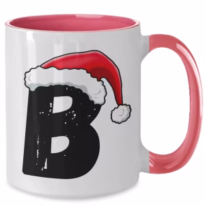 Monogram Letter “B” Christmas Coffee Mug with Christmas Hat On by Coni Blau