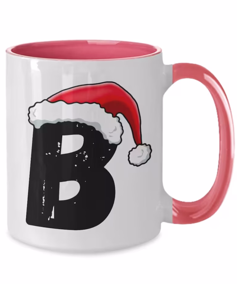 Monogram Letter “B” Christmas Coffee Mug with Christmas Hat On by Coni Blau
