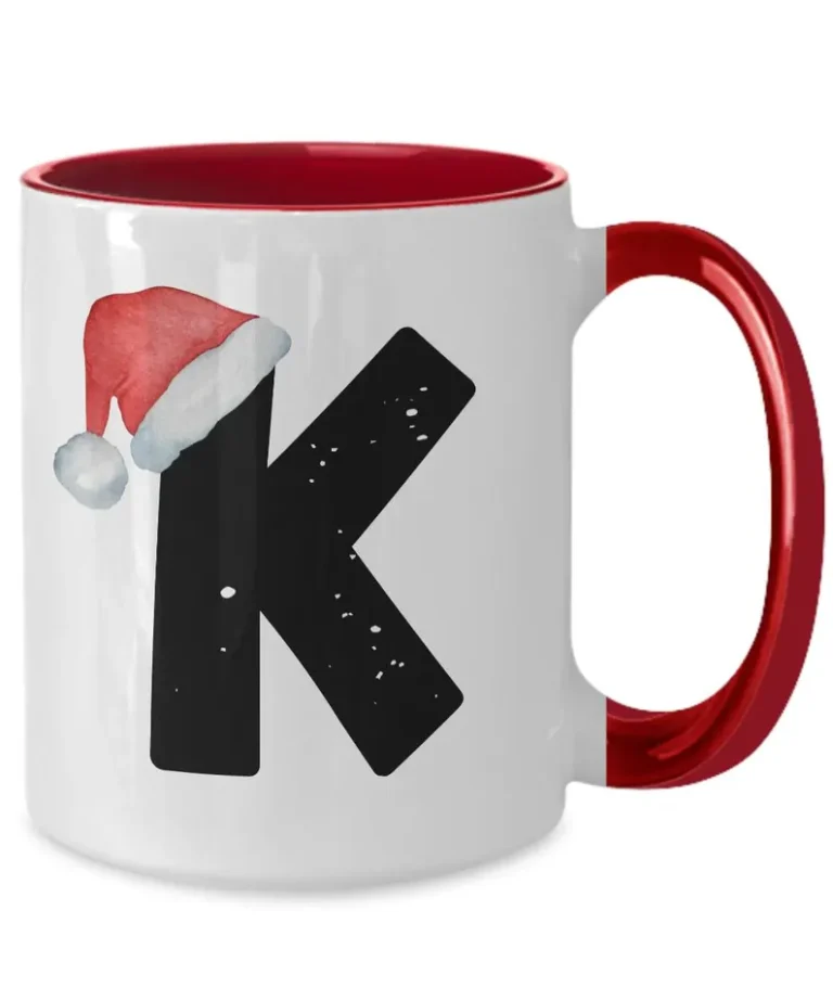 Monogram Letter “K” Christmas Coffee Mug with Christmas Hat On by Coni Blau