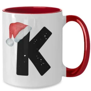 Monogram Letter “K” Christmas Coffee Mug with Christmas Hat On by Coni Blau