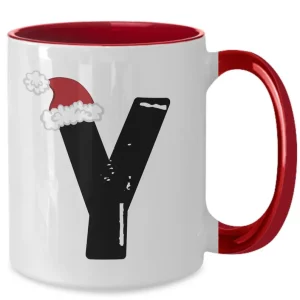 Monogram Letter “Y” Christmas Coffee Mug with Christmas Hat On by Coni Blau