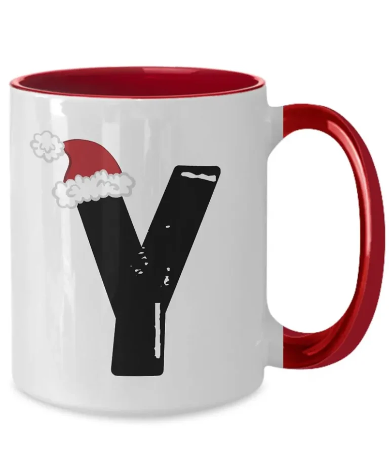 Monogram Letter “Y” Christmas Coffee Mug with Christmas Hat On by Coni Blau