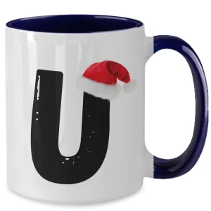 Monogram Letter “U” Christmas Coffee Mug with Christmas Hat On by Coni Blau