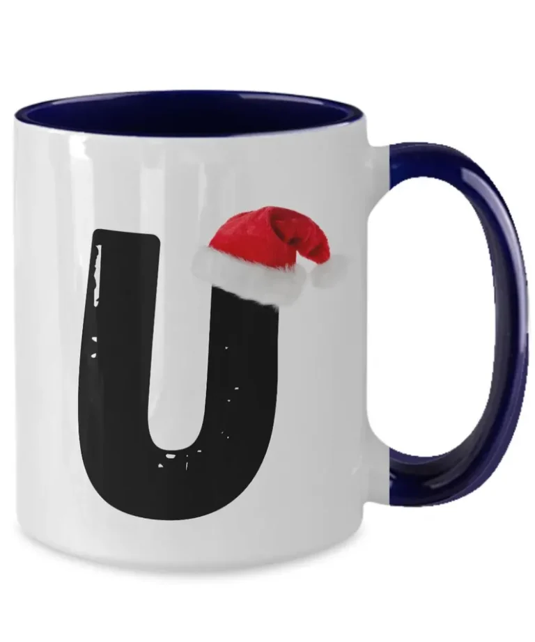 Monogram Letter “U” Christmas Coffee Mug with Christmas Hat On by Coni Blau