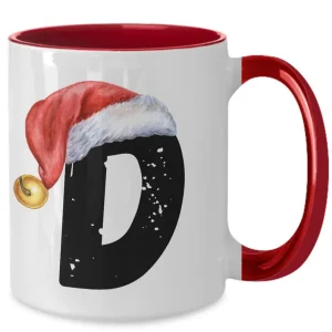 Monogram Letter “D” Christmas Coffee Mug with Christmas Hat On by Coni Blau