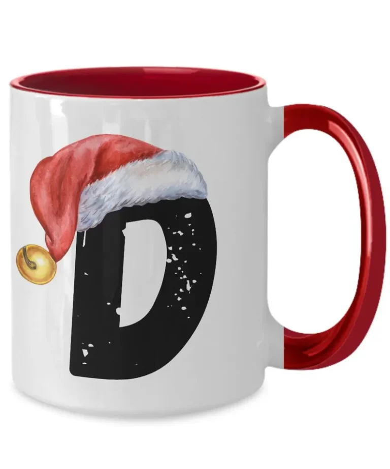 Monogram Letter “D” Christmas Coffee Mug with Christmas Hat On by Coni Blau