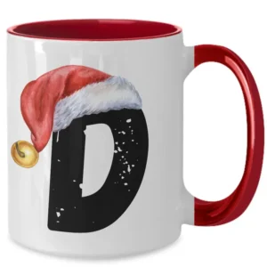 Monogram Letter “D” Christmas Coffee Mug with Christmas Hat On by Coni Blau