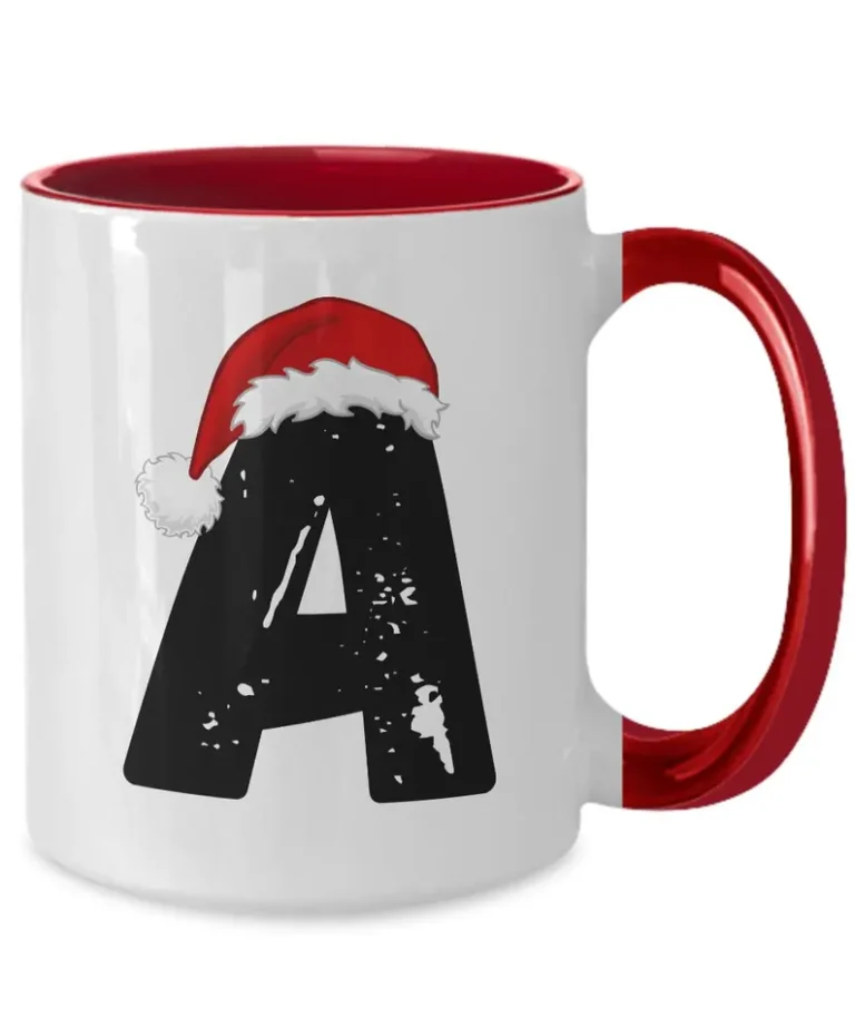 Monogram Letter “A” Christmas Coffee Mug with Christmas Hat On by Coni Blau