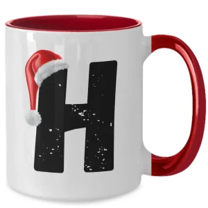 Monogram Letter “H” Christmas Coffee Mug with Christmas Hat On by Coni Blau