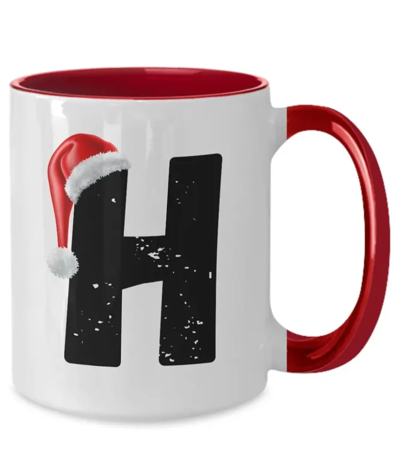 Monogram Letter “H” Christmas Coffee Mug with Christmas Hat On by Coni Blau