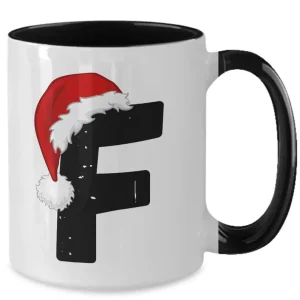 Monogram Letter “F” Christmas Coffee Mug with Christmas Hat On by Coni Blau