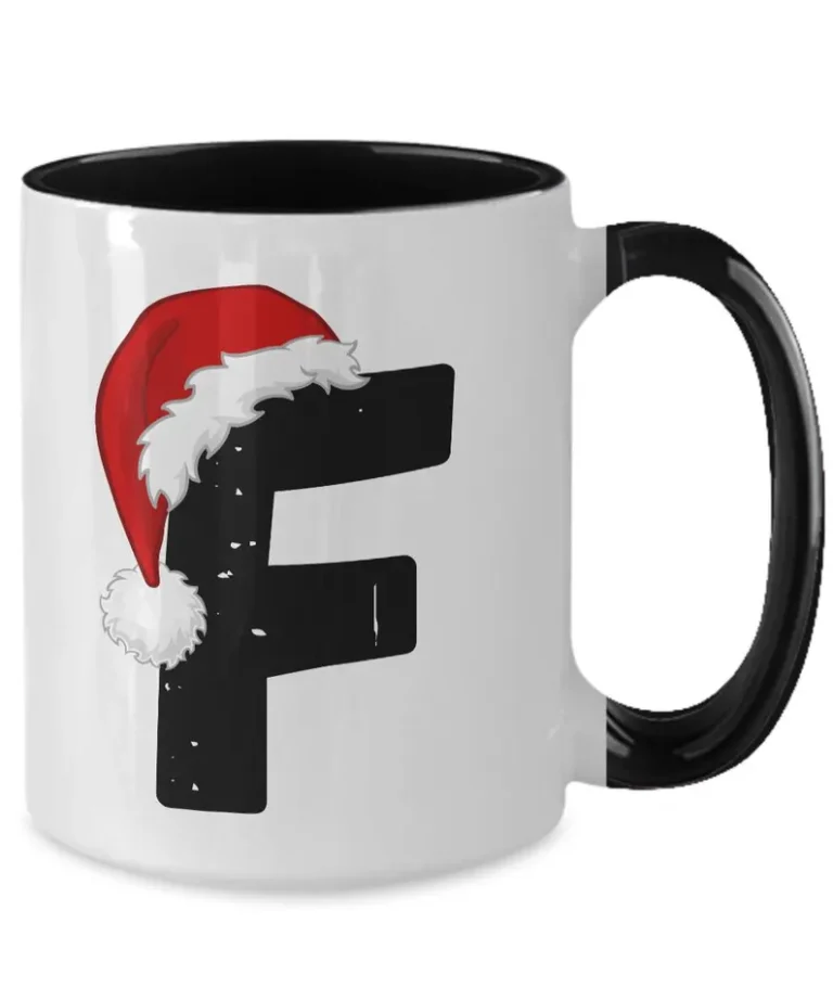 Monogram Letter “F” Christmas Coffee Mug with Christmas Hat On by Coni Blau