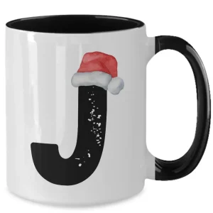 Monogram Letter “J” Christmas Coffee Mug with Christmas Hat On by Coni Blau