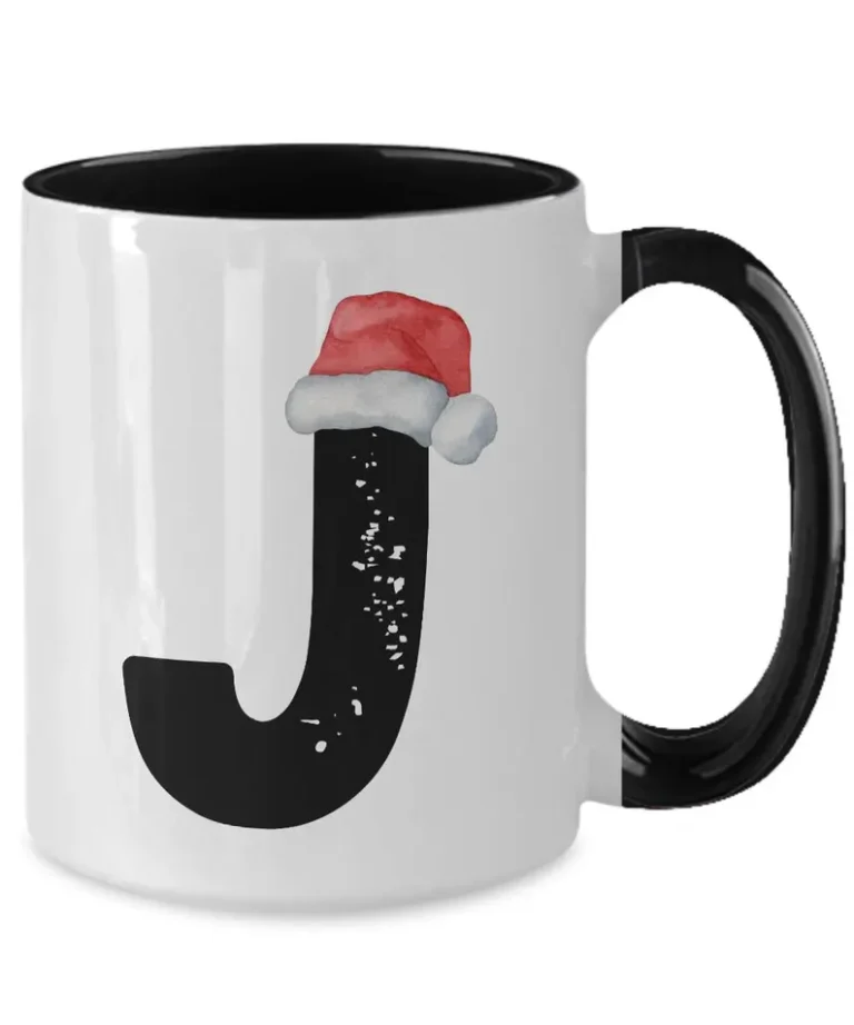 Monogram Letter “J” Christmas Coffee Mug with Christmas Hat On by Coni Blau