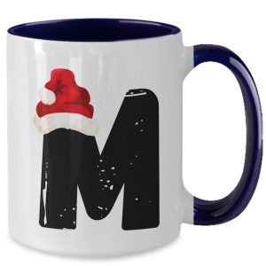Monogram Letter “M” Christmas Coffee Mug with Christmas Hat On by Coni Blau