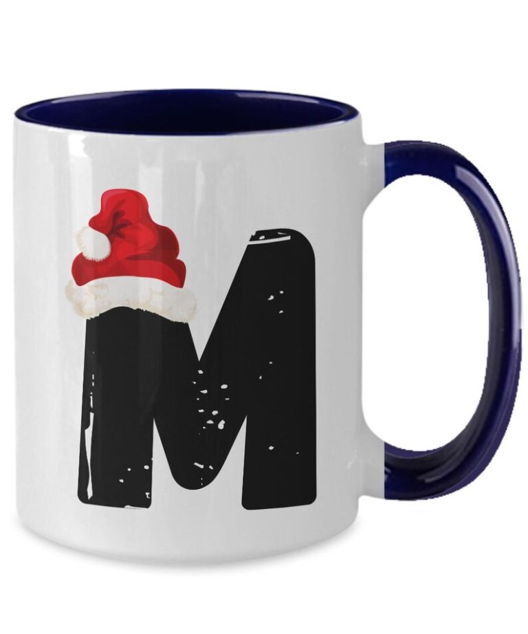 Monogram Letter “M” Christmas Coffee Mug with Christmas Hat On by Coni Blau