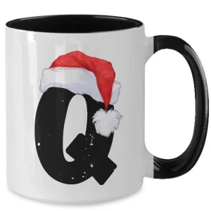 Monogram Letter “Q” Christmas Coffee Mug with Christmas Hat On by Coni Blau