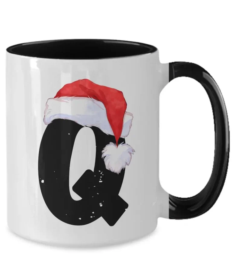 Monogram Letter “Q” Christmas Coffee Mug with Christmas Hat On by Coni Blau