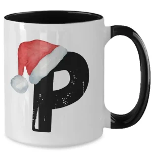 Monogram Letter “P” Christmas Coffee Mug with Christmas Hat On by Coni Blau