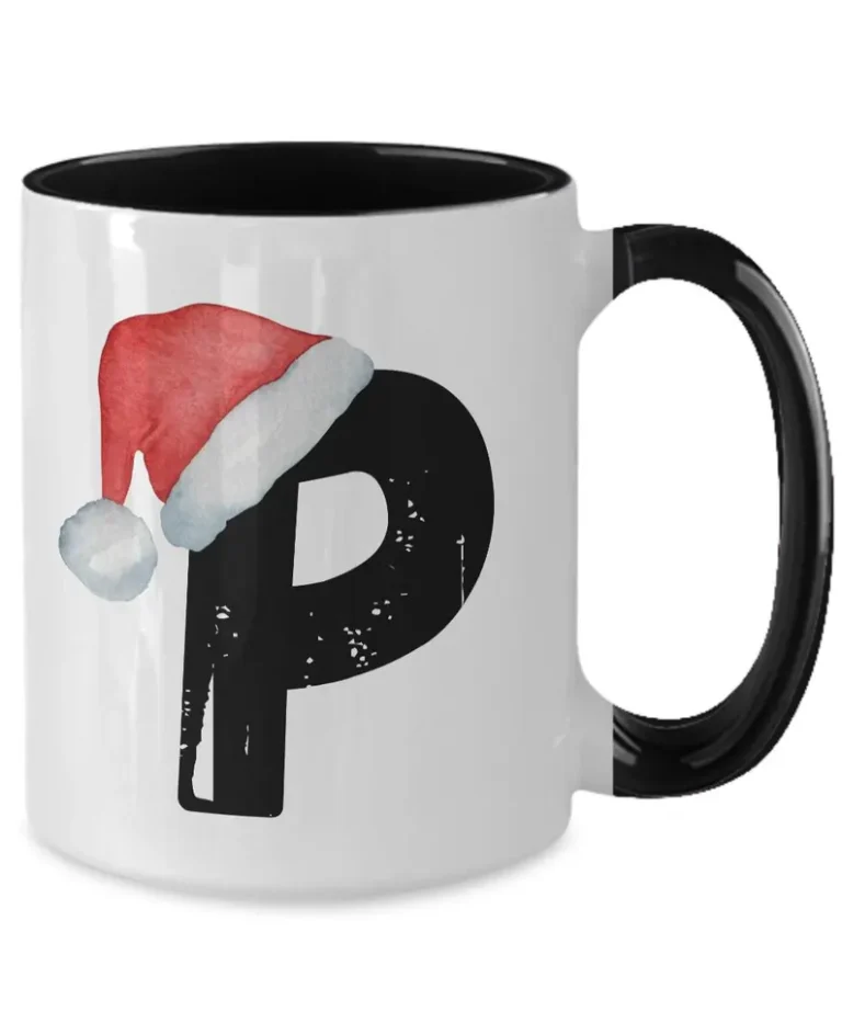 Monogram Letter “P” Christmas Coffee Mug with Christmas Hat On by Coni Blau