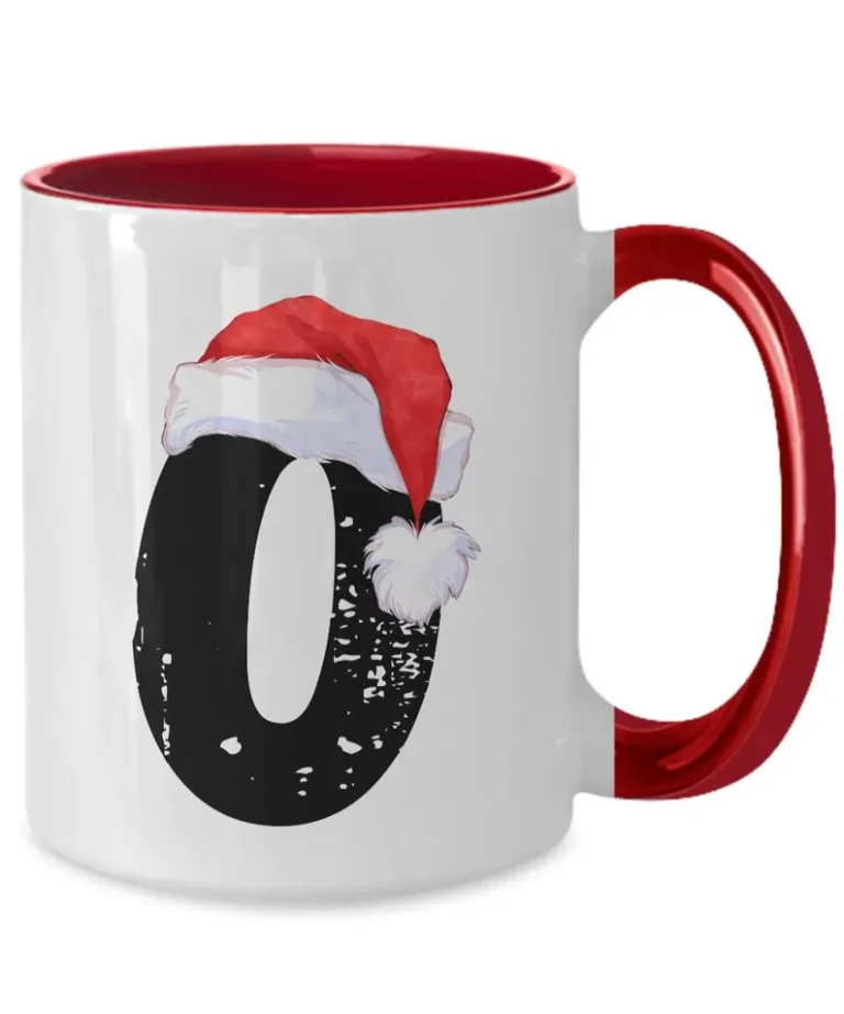 Monogram Letter “O” Christmas Coffee Mug with Christmas Hat On by Coni Blau