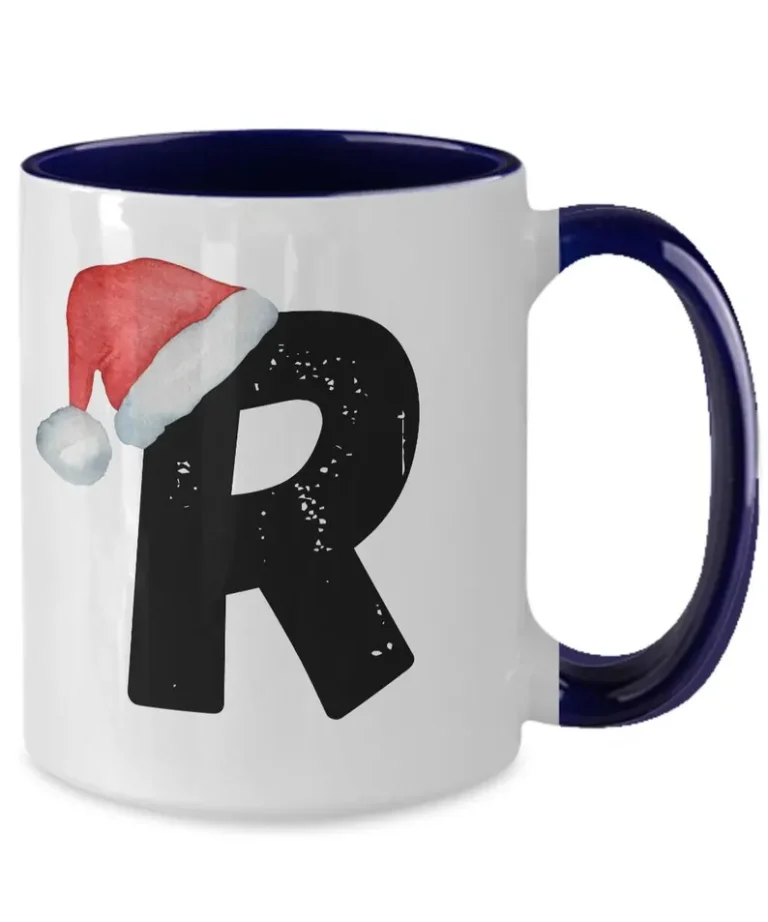 Monogram Letter “R” Christmas Coffee Mug with Christmas Hat On by Coni Blau