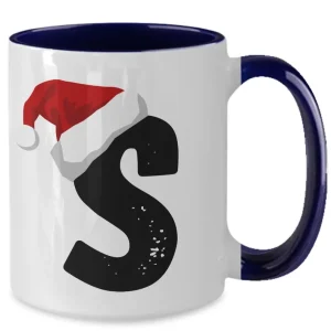 Monogram Letter “S” Christmas Coffee Mug with Christmas Hat On by Coni Blau