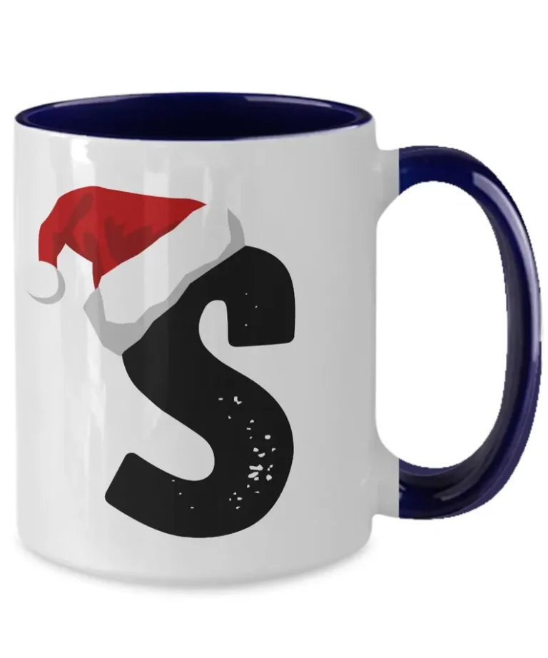 Monogram Letter “S” Christmas Coffee Mug with Christmas Hat On by Coni Blau