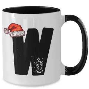 Monogram Letter “W” Christmas Coffee Mug with Christmas Hat On by Coni Blau
