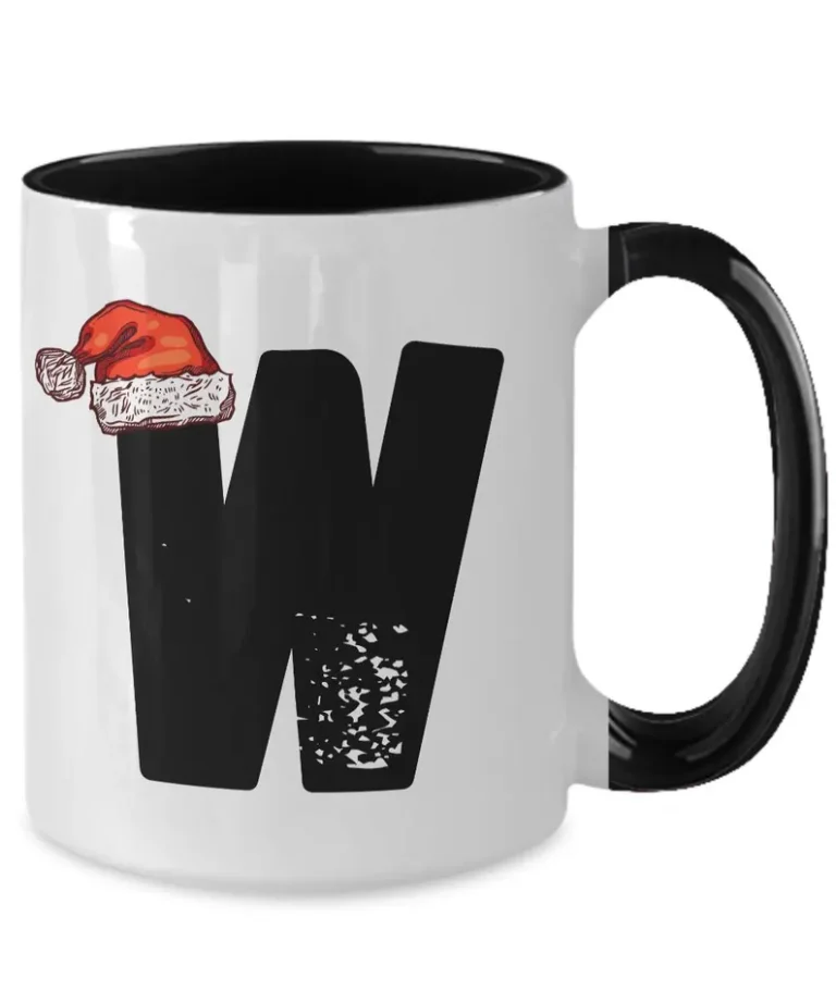 Monogram Letter “W” Christmas Coffee Mug with Christmas Hat On by Coni Blau