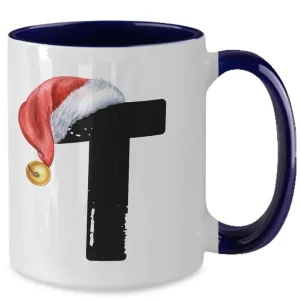 Monogram Letter “T” Christmas Coffee Mug with Christmas Hat On by Coni Blau