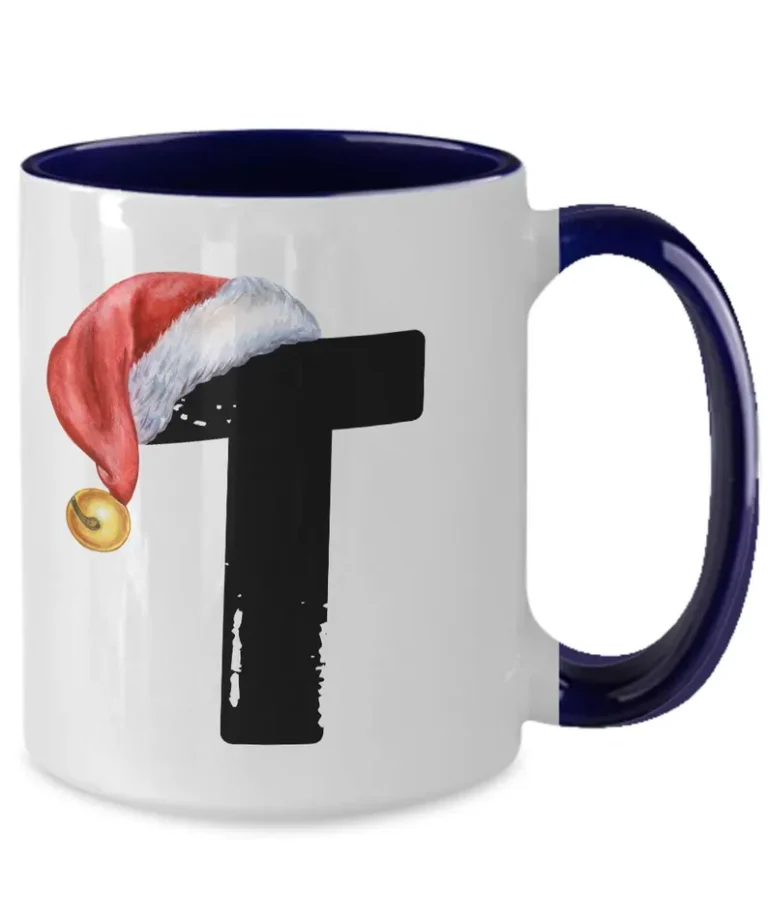 Monogram Letter “T” Christmas Coffee Mug with Christmas Hat On by Coni Blau