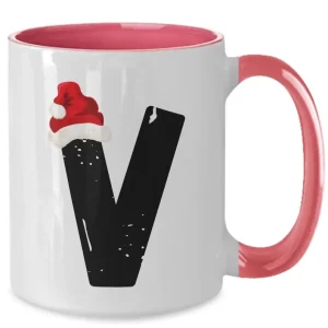 Monogram Letter “V” Christmas Coffee Mug with Christmas Hat On by Coni Blau