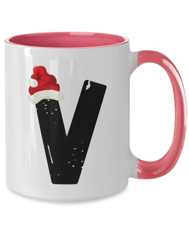 Monogram Letter “V” Christmas Coffee Mug with Christmas Hat On by Coni Blau